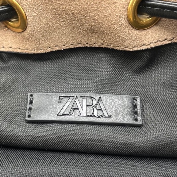ZARA Brown Suede Bucket Bag Black Leather Trim Drawstring Crossbody Chic City - Picture 3 of 13